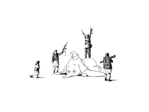 Armed fighters downed cartoon elephant painting