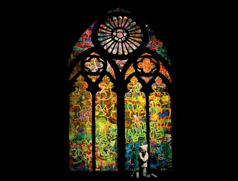 Banksy graffiti stained glass window