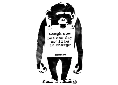 Banksy laugh now monkey