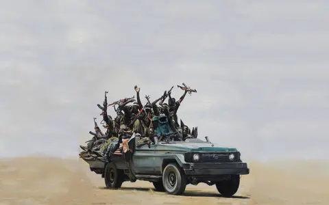 Militia pickup truck cookie monster painting